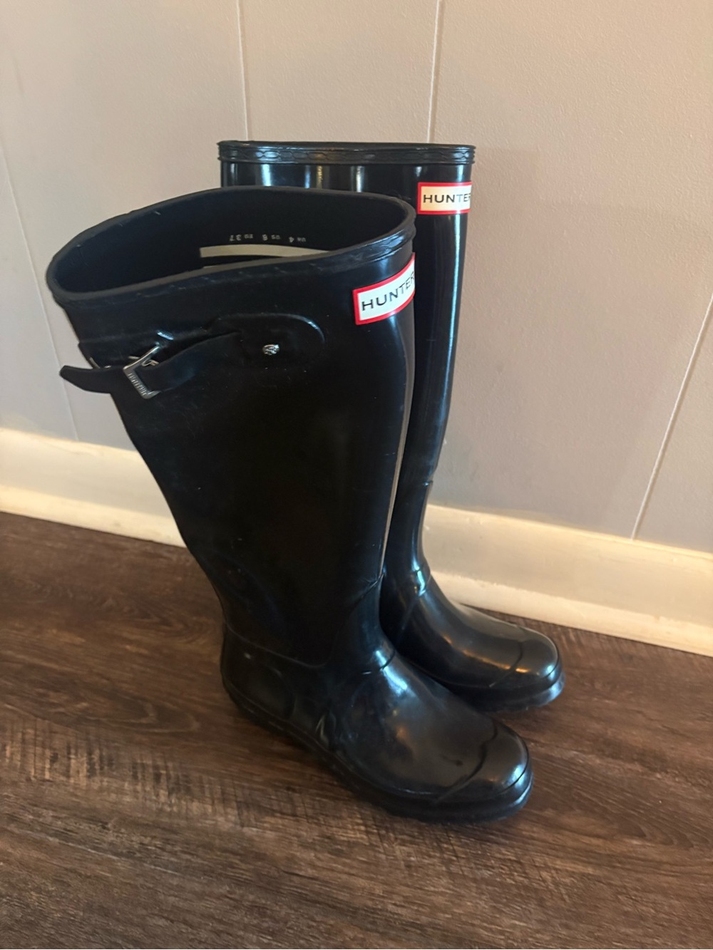 Hunter Glossy Black Knee-High Rain Boots with Buckle